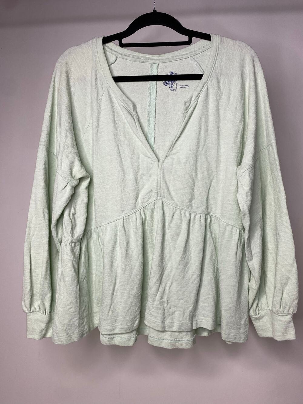 Pilcro Women's Large Long Sleeve Babydoll Top Mint Green Cotton Boho V-Neck